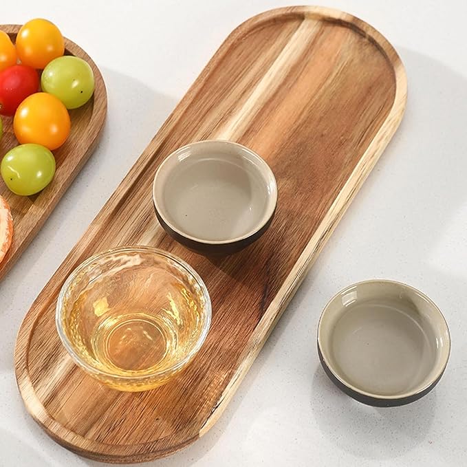 Set of 2 Plates Bathroom Vanity Wood Trays for Home Decor - for Counter Wood Small Decorative Tray, Kitchen Soap Tray,Comestic Holder Bathtub Organizer (14 x 4.5 inches)