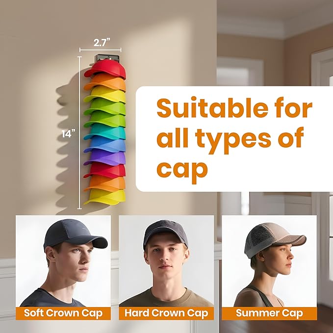 Hat Organizer for Baseball Caps 2-Pack, Hat Rack for Wall with Built-in Spring Clips, Wall Mount Closet/Door Hat Rack Holder, Cap Storage Display Hanger, Adhesive & Screws, Multicolor