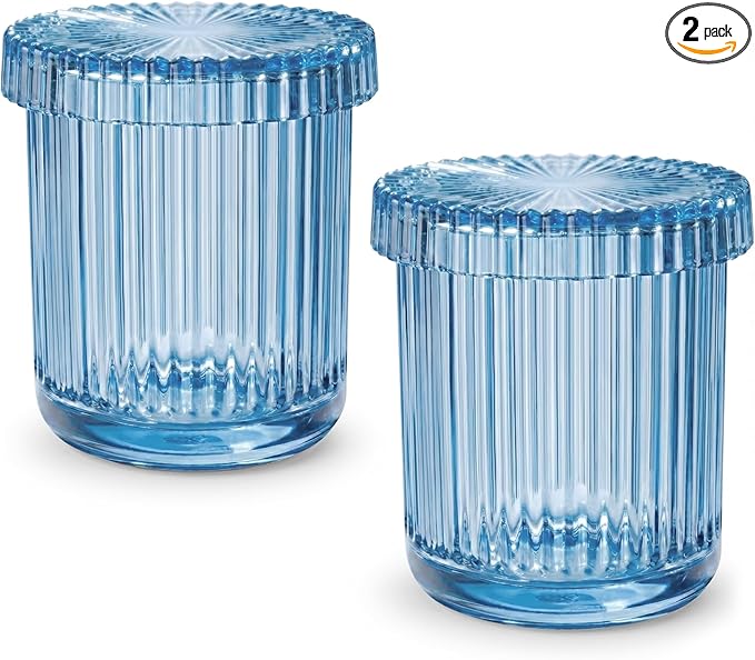 2 Pack Qtip Holder - Apothecary Jars with Lids, Bathroom Organizers and Storage Canister for Cotton Balls,Swabs,Floss Picks,Hair Ties,Clear Glass Vintage Bathroom Decor Jar Set (Blue)