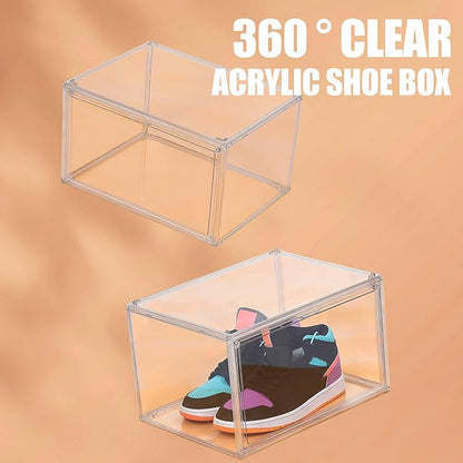 BVBOX Acrylic Shoe Storage Boxes with Magnetic Door - 360° Clear Stackable Shoe Display Box Set, Plastic Shoe Cabinet Rack Box for Sneakers Heels Shoes (1, Clear, XL - Side Open)