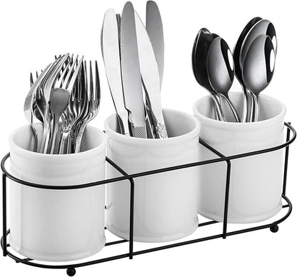 Bekith 3-Piece Ceramic Silverware Caddy with Metal Rack, Utensil Holder Flatware Caddy Cutlery Storage Organizer for Kitchen Table, Cabinet or Pantry