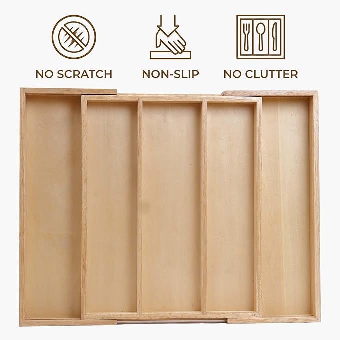 Utensil Drawer Organizer, 5 Compartment Expandable Rubberwood Silverware Tray, Cutlery Drawer Organizer for Kitchen Organization, Wooden Holder for Adjustable Storage