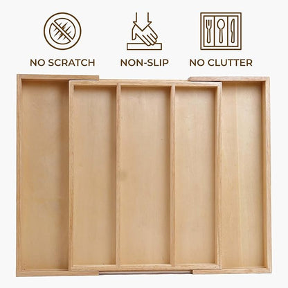 Utensil Drawer Organizer, 5 Compartment Expandable Rubberwood Silverware Tray, Cutlery Drawer Organizer for Kitchen Organization, Wooden Holder for Adjustable Storage