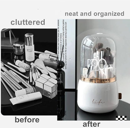 360 Rotating Makeup Brush Holder with Lid Clear Dustproof Make Up Organizers for Vanity Countertop Includes a Foldable Bowl for Cleaning Makeup Brush Transparent Dustproof (White)
