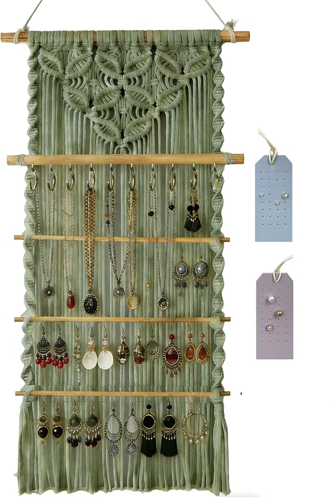 Macrame Jewelry Hanger, Hanging Jewelry Organizer,Boho Earring Holder Wall Mounted Necklace Holder, Tapestry Earrings Display, Bracelet Storage Minimalist Decor Tassel for Women Room (Sage Green)