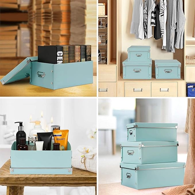 XUCHUN 3 Pack/Set Plastic Storage Box with Lid,Waterproof Collapsible Storage Bins for Shoes/Clothes/Office Teal Color