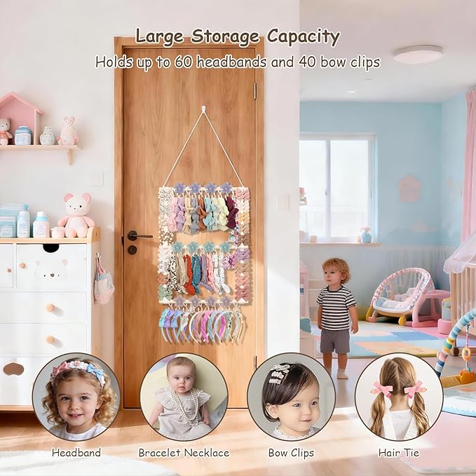 Headband Holder Hair Bow Organizer for Girls, Bow Holder Display w/ 30 Hooks, Wall Hanging Claw Clip Hair Accessories Organizer for Baby Toddler Women Nursery Decor(20x15inch,Beige)