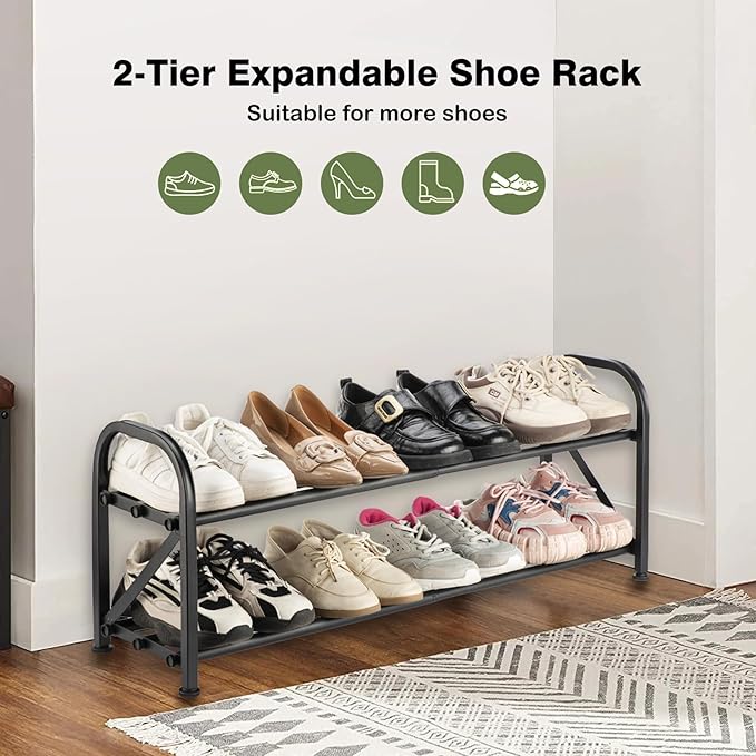 2-Tier Shoe Rack for Closet, 16"-32" Expandable ShoeRack, Adjustable for Entryway Closet Doorway SturdyMetal, Black