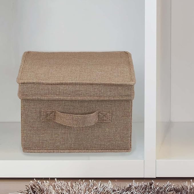 Household Essentials Large Fabric Storage Bins 2 Pack, Soft Poly Linen with Sturdy Sides, Attached Handle and Fully Removable Lid, Brown