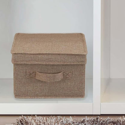 Household Essentials Large Fabric Storage Bins 2 Pack, Soft Poly Linen with Sturdy Sides, Attached Handle and Fully Removable Lid, Brown