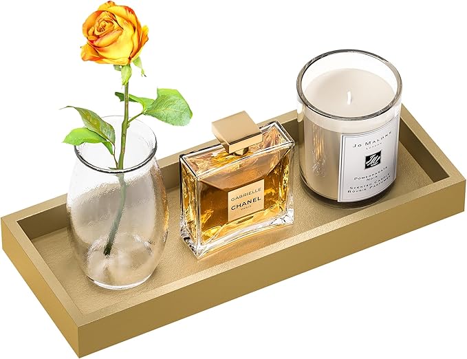 ZHWS Gold Bathroom Vanity Tray for Soap Dispenser, Perfume, Jewelry, Candle, Makeup, Decor, Toilet Tank Tray, Kitchen Tray for Spice, Salt, Coffee 11.3”L x 4.4”W x 1.14”H