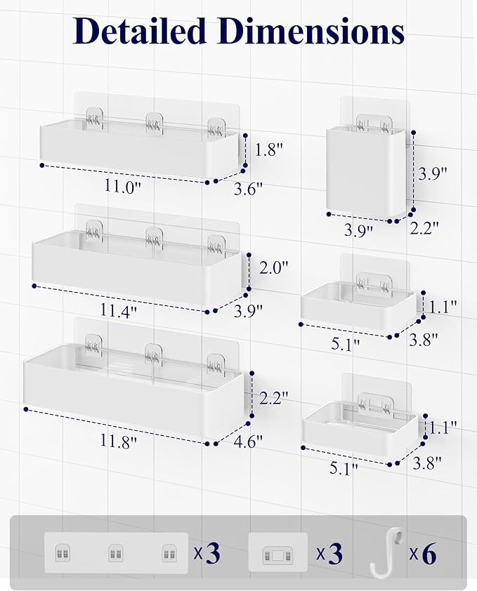 Kitsure Shower Caddy Adhesive - 6-Pack, No-Drilling Shower Shelves with Soap Holder, Toothbrush Holde, 6 Hooks, Rustproof & Stylish Bathroom Organizers and Storage Solution, White, Large