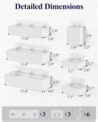 Kitsure Shower Caddy Adhesive - 6-Pack, No-Drilling Shower Shelves with Soap Holder, Toothbrush Holde, 6 Hooks, Rustproof & Stylish Bathroom Organizers and Storage Solution, White, Large