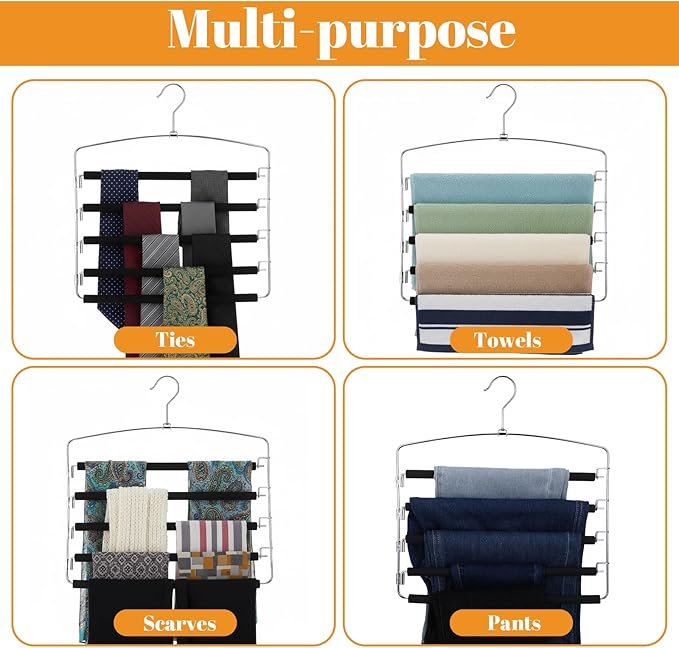 2 Packs Pants Hangers Space Saving, Anti-Slip Space Saving Hangers, 5 Layer Swing Arm Pants Hanger Stainless Steel with Non-Slip Padding, Closet Organizers & Storage for Pant Trousers Jeans