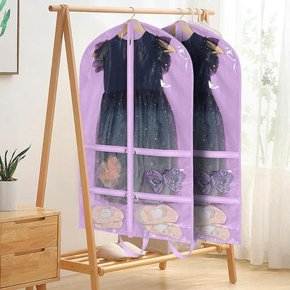 KEEGH Clear Garment Bags for Dance Costumes 40 inch Dance Garment Bags for Dancers Hanging Clothes for Closet Storage, with 4 Zipper Pockets for Dance Competitions, Ballet, Theatre, 2 Pack, Purple