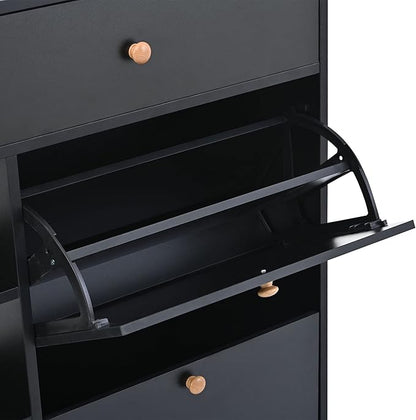 JIVOIT 2-Tier Shoe Storage Organizer, Modern Wooden Shoe Cabinet with 4 Flip Drawers, Multifunctional Free Standing Shoe Rack for Entrance Hallway Small Spaces (Black+4 Flip Drawers)