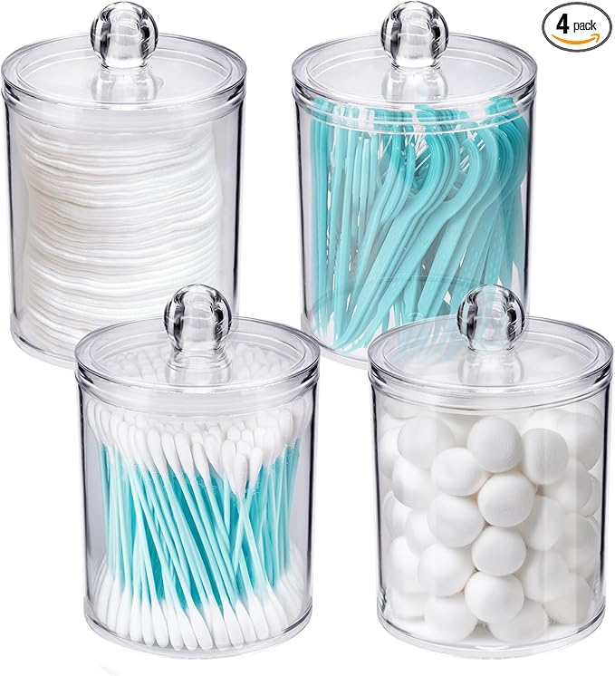 WEISHI 4 Pack Qtip Holder Dispenser - Cotton Ball, Swab, Round Pads, Floss , Small Clear Plastic Apothecary Jar Containers with Lids for Bathroom Storage and Organization, Vanity Organizer