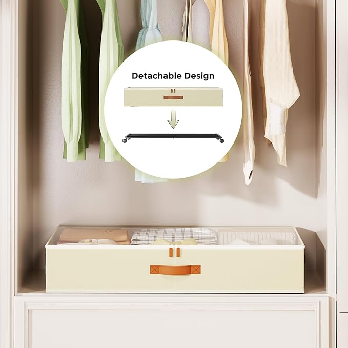 LAMU Under Bed Storage with Wheels, 2 Pack Under Bed Storage Containers with Clear Lids & Label, Rolling Under Bed Drawers for Clothes, Shoes, Blankets, Beige