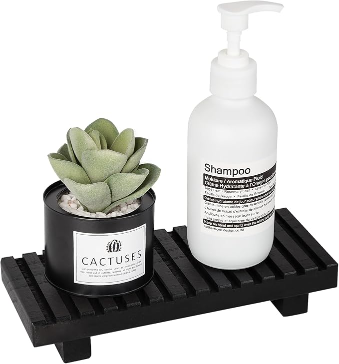 Bathroom Tray Rustic Farmhouse Bathroom Decor Wood Display Stand Riser Kitchen Soap Dish Holder for Vanity, Countertop, Sink, 8.6 * 3.6 Black