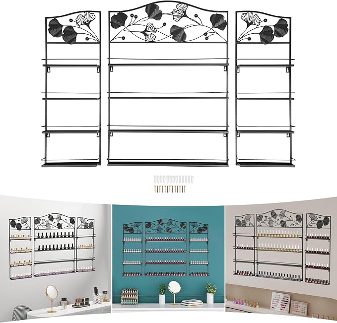 4 Tier Wall-Mounted Nail Polish Storage Racks 3PCS Metal Nail Polish Organizer Shelf for Wall Cosmetic Display Cases Perfume Lipstick Display Stand for Home Spa Nail Salon