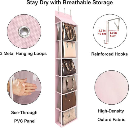 Lirex Over The Door Purse Organizer & Purse Shelf for Closet – Handbag Storage Organizer with Purse Hanger. Perfect for Scarves, Hats, and Leggings. L (15.7'' x 5.7'' x 68''), Pink