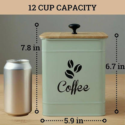 Airtight Coffee Canister - 40 oz Large Iron Sage Green Container Airtight - 6 x 8 inch Metal Jar - Stylish Countertop Container for Coffee Grounds, Beans & Pods with Rubber-Lined Bamboo Lid