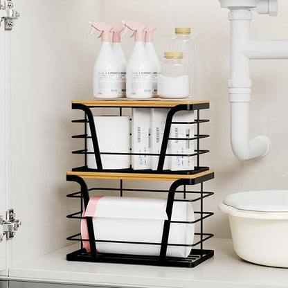 TIDIIABODE 2 Pack Stackable Storage Laundry Kitchen Organizers, Wall Mount Trash Bag Holder with Bamboo Top and Garbage Bag Dispenser No Drill