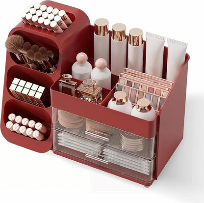 Booklov Makeup Organizer for Vanity, Large Capacity Cosmetic Display Case with Clear Acrylic Drawers, Countertop Beauty Storage Holder for Skincare, Brush Eyeshadow Lipstick, Counter Desk, Crystal Red