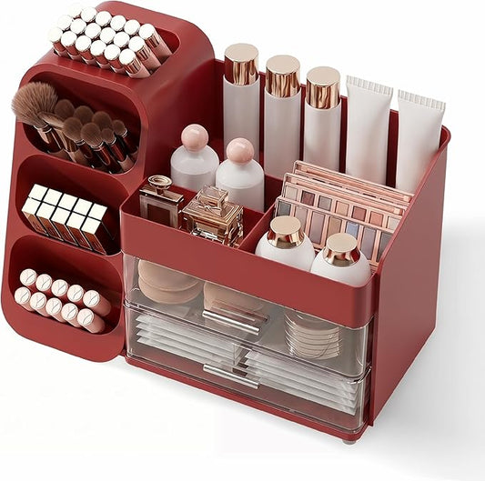 Booklov Makeup Organizer for Vanity, Large Capacity Cosmetic Display Case with Clear Acrylic Drawers, Countertop Beauty Storage Holder for Skincare, Brush Eyeshadow Lipstick, Counter Desk, Crystal Red