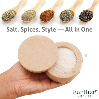 Marble Salt Cellar with Swivel Lid 3 Inch Beige Stone Mini Salt Box for Kitchen Counter with Magnetic Closure, 2.5 OZ Capacity, Ideal for Kosher Salt and Gourmet Seasonings