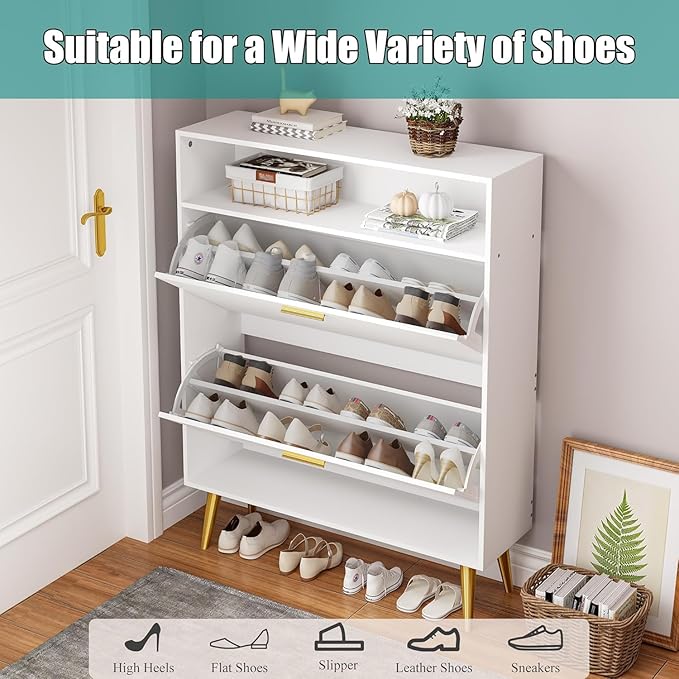 JOZZBY Shoe Cabinet for Entryway, White Narrow Shoe Storage Cabinet with 2 Flip Drawers and Open Shelves, Hidden Freestanding Shoe Rack Storage Organizer for Hallway, Living Room