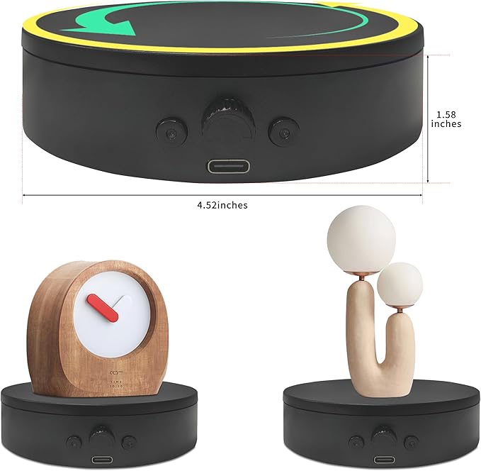 Rotating Display Stand Easy to Switch Direction, Spinning Platform Adjustable Speed, 360 Degree Motorized Photography Turntable for Jewelry, Shoes Display and Shooting, Lazy Susan(4.53" black)