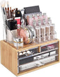 Ikee Design Bamboo Acrylic Makeup Organizer with 4 Drawers and Removable Top Lipstick Holders, Ideal for Make-up or Accessories,Enhance Your Vanity or Bathroom with Clear Design for Quick Visibility