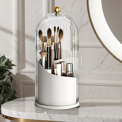 Makeup Brush Holder with Lid Cosmetic Tools Organizer 360 Rotating Waterproof Dustproof Make Up Brushes Storage for Vanity Bathroom Countertop
