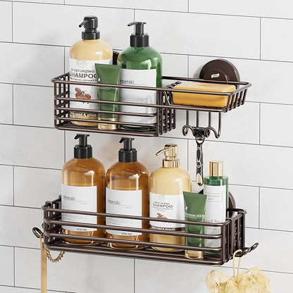TAILI Shower Caddy Suction Cup 2 Pack with Hooks & Soap Holder, No Drilling Bathroom Organizer with Large Capacity, Heavy Duty Shower Organizer for Bathroom,Metal Storage Basket-Brown