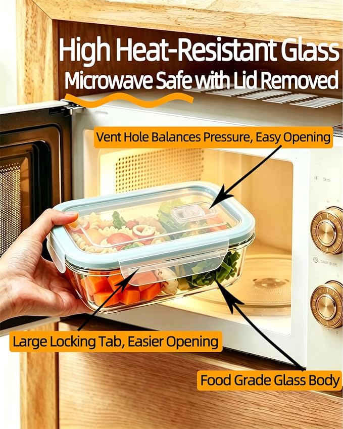 8 Pack Glass Meal Prep Containers with Lids, Glass Food Storage Containers with Airtight Vent Hole Lids, Lunch Containers Sets with lids Glass, Microwave Oven Freezer Dishwasher Safe