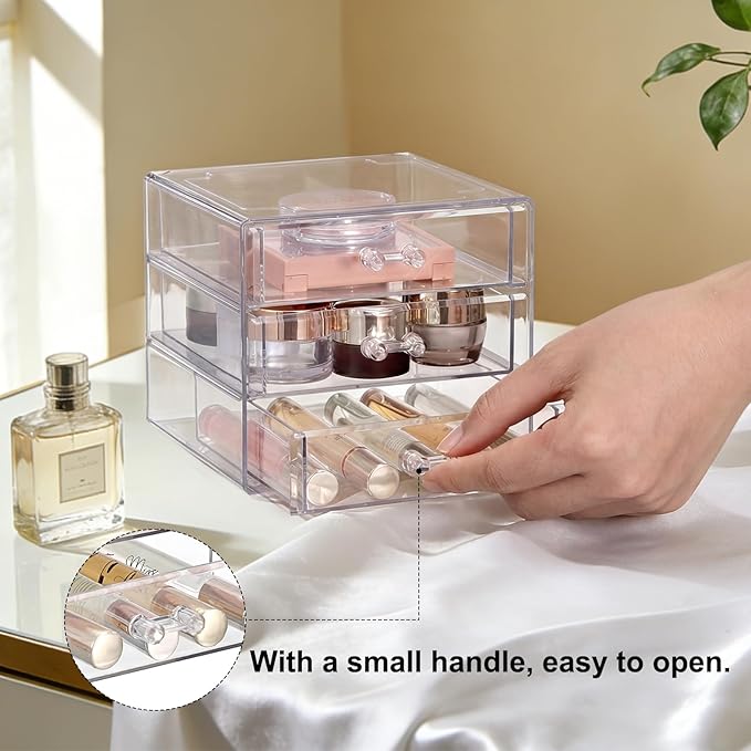 ELLDOO Rollerball Perfume Organizer with 3 Drawer, Clear Acrylic Perfume Storage Holder Beauty Scent Holder, Makeup Lipgloss Lipstick Display Case Office Supplies Box