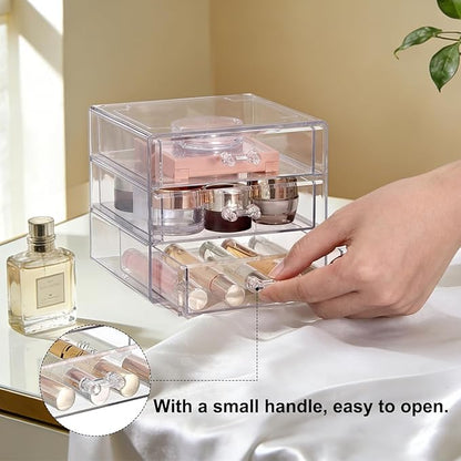 ELLDOO Rollerball Perfume Organizer with 3 Drawer, Clear Acrylic Perfume Storage Holder Beauty Scent Holder, Makeup Lipgloss Lipstick Display Case Office Supplies Box