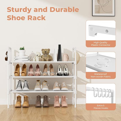 LANTEFUL 3 Tier Shoe Rack for Closet, Shoe Organizer with 5 Hooks, Long Shoe Shelf Storage for Shoe and Boot Stackable Free Standing Shoe Rack for Entryway, Garage, Small Spaces, Dorm, White