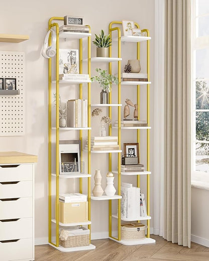 Hzuaneri 10 Tiers Vertical Shoe Rack, Narrow Shoe Tower, Tall Shoes Shelf with 2 Hooks, Adjustable Shelves, Corner Shoes Shelves for Small Spaces, Entryway, Living Room, White Gold SR11213A