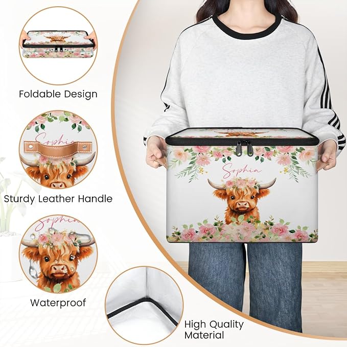 Custom Highland Cow Storage Bins with Lid, Foldable Personalized Storage Basket Boxes with Handle Pink Flower Shelf Basket Closet Organizer Cube