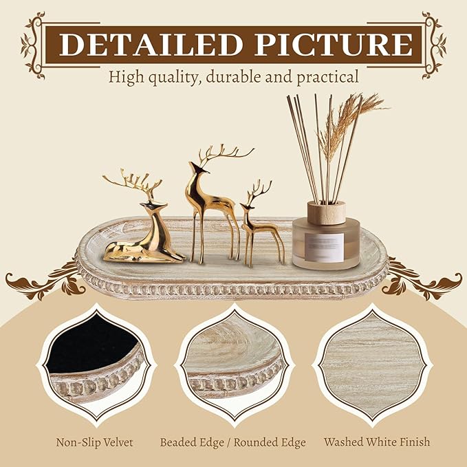 MAONAME Oval Long Narrow Wood Tray, Rustic Decorative Tray with Beaded, Wash White Farmhouse Vanity Trays, Toilet Tank Trays for Dresser, 12" x 4.7"