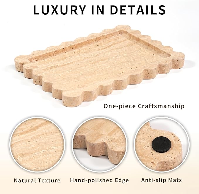 Scalloped Travertine Marble Tray - Large Home Decorative Stone Vanity Perfume Plates for Bathroom Accessories Coffee Table, Dresser Dish for Kitchen Countertop (10.6" x 7.4"x 0.8")