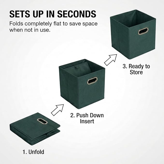 Household Essentials Foldable Fabric Storage Cubes 6-Pack – 11x11x11 Stackable Non-Woven Bins with Chipboard Sides & Grommet Handles – Closet, Shelf, Nursery, or Office Organizer – Dark Green