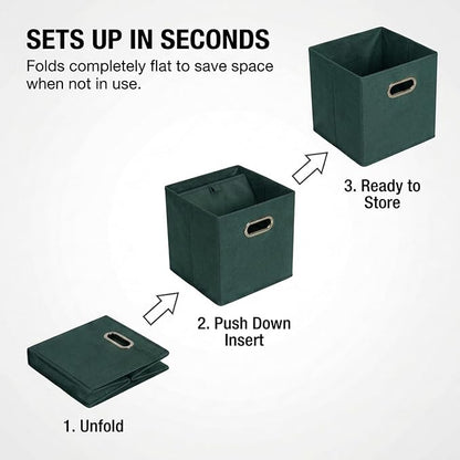 Household Essentials Foldable Fabric Storage Cubes 6-Pack – 11x11x11 Stackable Non-Woven Bins with Chipboard Sides & Grommet Handles – Closet, Shelf, Nursery, or Office Organizer – Dark Green
