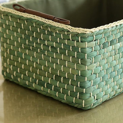 Basket Woven Maize Straw Storage with Handle, Kingwillow(Rectangular,Green Small:12.60"Lx8.66"Wx5.51"H)