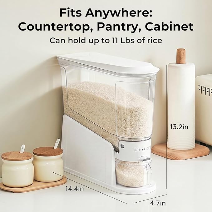 UFORU Rice Dispenser 11Lbs, Slim Rice Storage Container for Small Space, BPA-Free Clear Dry Food Dispenser Sealed Moisture Proof, Grain&Cereal Storage Bucket for Kitchen Pantry Household, White