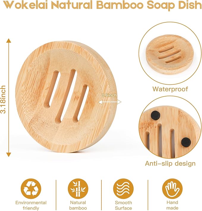 Bamboo Soap Dish for Bar Soap in Shower 4PCS, Wooden Round Holders Self-Draining Tray for Shampoo Conditioner Bars Holder, Travel Soap Saver Case for Bathroom, Kitchen Sink, Bath Tub, Razor Sponges