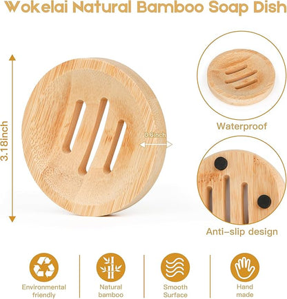 Bamboo Soap Dish for Bar Soap in Shower 4PCS, Wooden Round Holders Self-Draining Tray for Shampoo Conditioner Bars Holder, Travel Soap Saver Case for Bathroom, Kitchen Sink, Bath Tub, Razor Sponges