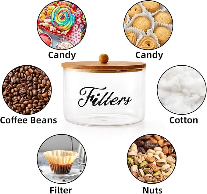 Cididu Coffee Filter Holder with Bamboo Lid, Glass Large Coffee Pod Holder for Counter, Clear Coffee Filter Dispenser Basket, K Cup Countertop Storage Container for Kitchen Cafe Bar Accessories